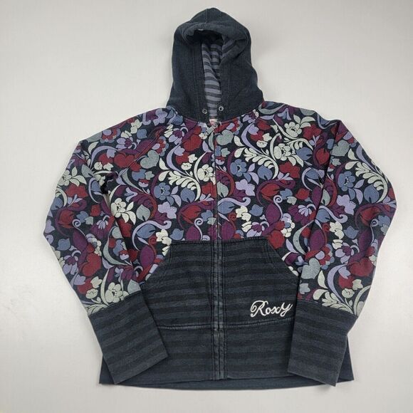 Vintage Y2K Roxy Quicksilver Floral Sleeves Zip Up Logo Hoodie Women’s ~READ - Picture 1 of 9